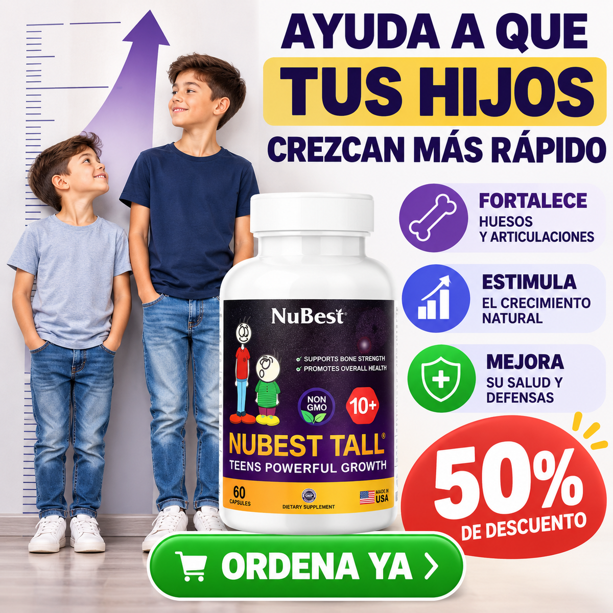 Cápsulas NuBest Tall para Crecimiento y Fortalecimiento Óseo Desarrollo Infantil y Juvenil - 60 Cápsulas