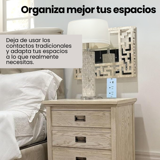 Extensor Inteligente de Enchufe 2 tomas - Rotación 180°, puertos USB y USB-C y soporte para celular