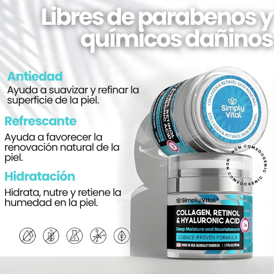 Crema Facial Antiarrugas con Colágeno, Retinol y Ácido Hialurónico - Rejuvenecedora Día/Noche