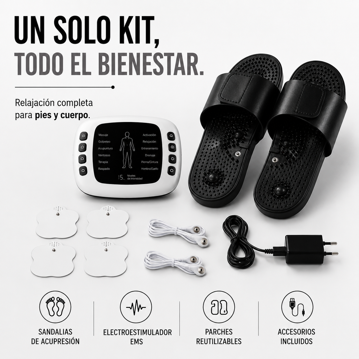 Kit Sandalias de Acupresión con Electroestimulador para Alivio del Dolor y Relajación Muscular