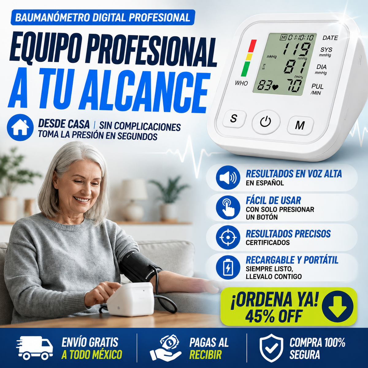 Baumanómetro Monitor digital de presión arterial de brazo fácil de leer - ¡Resultados Ultra Precisos!