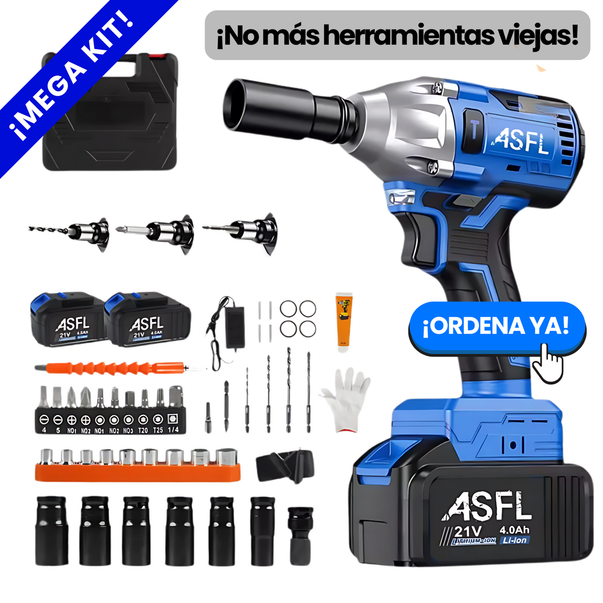 Llave Pistola De Impacto Inalámbrica + Kit Súper Completo con 2 Baterías